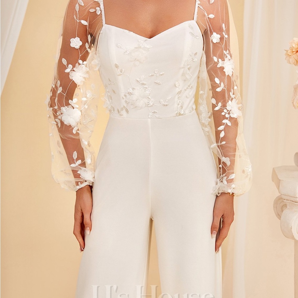 JJ’s House White Jumpsuit with Sheer Floral Sleeves